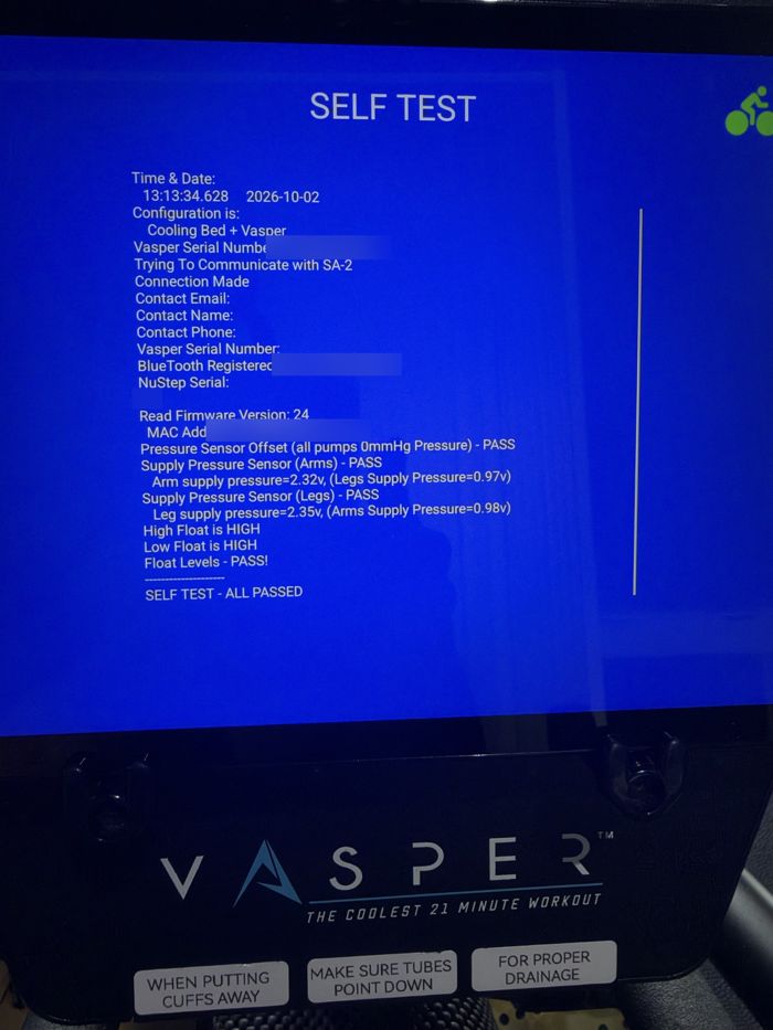 Vasper self-test screen reading Self Test – All Passed